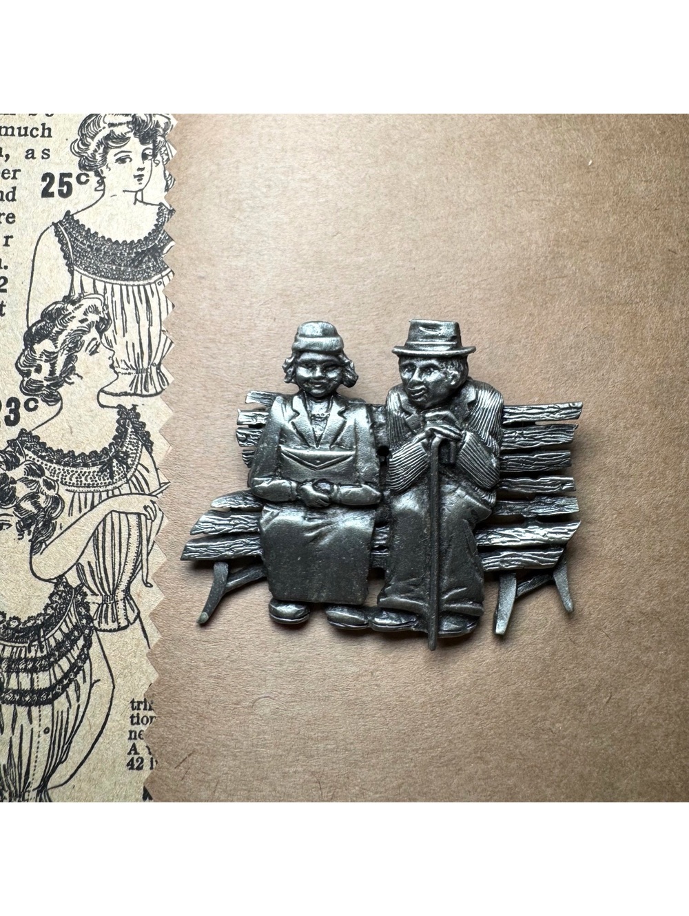 Vintage JJ Signed Pewter Brooch Featuring Elderly Couple Sitting on a Bench